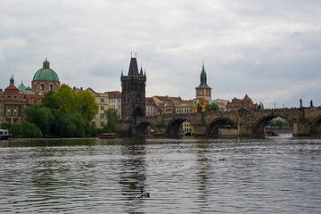 Vltava river flowing through Prague with Charles Bridge (Karlův most) and Old Town Bridge Tower (Staroměstská mostecká věž) at the background (Czech Republic)