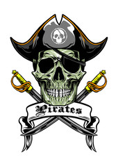 Fototapeta premium skull pirates wearing hat and cross swords symbol logo. vector object illustration