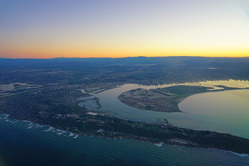 Aerial view of sunrise over the San Diego area with Point Loma and Coronado Island in San Diego, Southern California,USA.