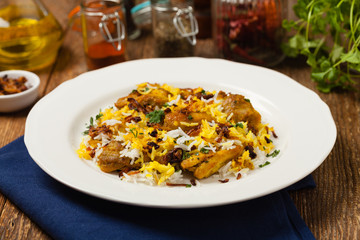 Biryani with chicken. Traditional Indian dish of rice and chicken marinated in spices and yoghurt.