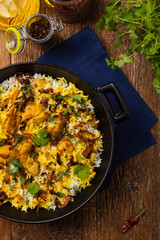 Biryani with chicken. Traditional Indian dish of rice and chicken marinated in spices and yoghurt.