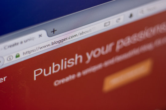 Ryazan, Russia - March 01, 2018 - Front page of popular blogging platform Blogger, web adress - blogger.com