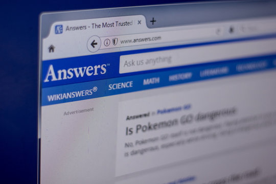 Ryazan, Russia - March 01, 2018 - Homepage of Answers service on a display of PC, web adress - answers.com