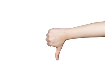 Hands of Client show Bad sign isolated on white background with clipping path.
