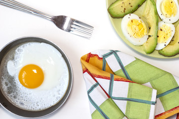 Green plate with boiled egg and avocado seasoned with salt and paper. One fried egg on the little pan. White background. Top view. Flat lay.