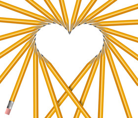 Pencils are arranged to make a heart shape in an illustration about love notes, love letters, etc.  Image is isolated on a white background.