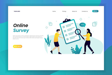 online survey illustration web page template with character. Landing page template 