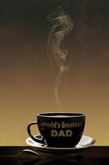 A steaming hot coffee is served up in a cup that has the words: World’s Greatest Dad written in type on the mug.
