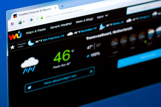 Ryazan, Russia - March 28, 2018 - Homepage of WunderGround website on a display of PC, web adress - wunderground.com.