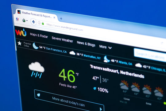 Ryazan, Russia - March 28, 2018 - Homepage of WunderGround website on a display of PC, web adress - wunderground.com.