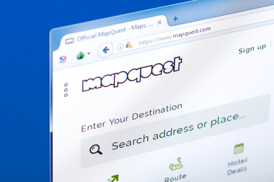 Ryazan, Russia - March 28, 2018 - Homepage of MapQuest service on a display of PC, web adress - mapquest.com.