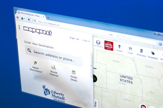 Ryazan, Russia - March 28, 2018 - Homepage of MapQuest service on a display of PC, web adress - mapquest.com.