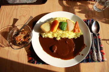 Japanese curry saffron rice with fried vegetables_A