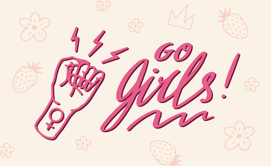 Feminism slogan in vintage style. Girl power and body positive concept. Motivational Quote. Women s rights. Lettering phrase. Sticker for posters and cards. Doodle icon. Hand drawn sketch.