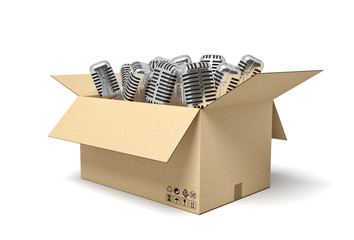 3d rendering of cardboard box full of microphones on blue background.