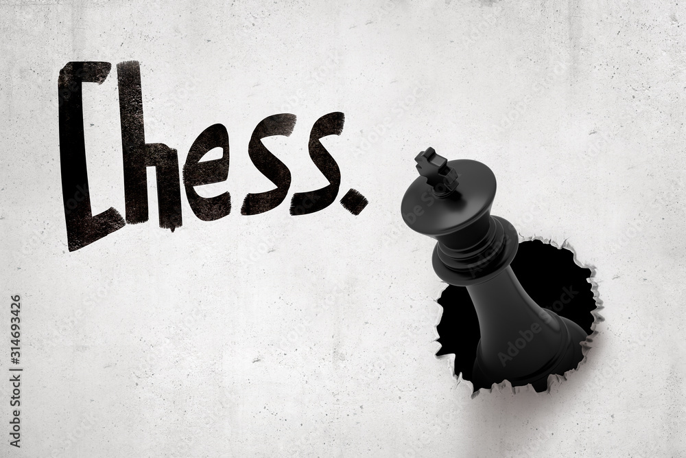 Aufkleber 3d rendering of concrete wall with title 'chess' and black king that has been thrown into wall and h