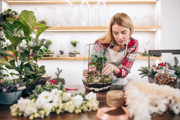 flowers lover, young caucasian florist woman look after and take care of plants, wearing white apron on red checkered shirt, surrounded by green plants, flora and botany concept