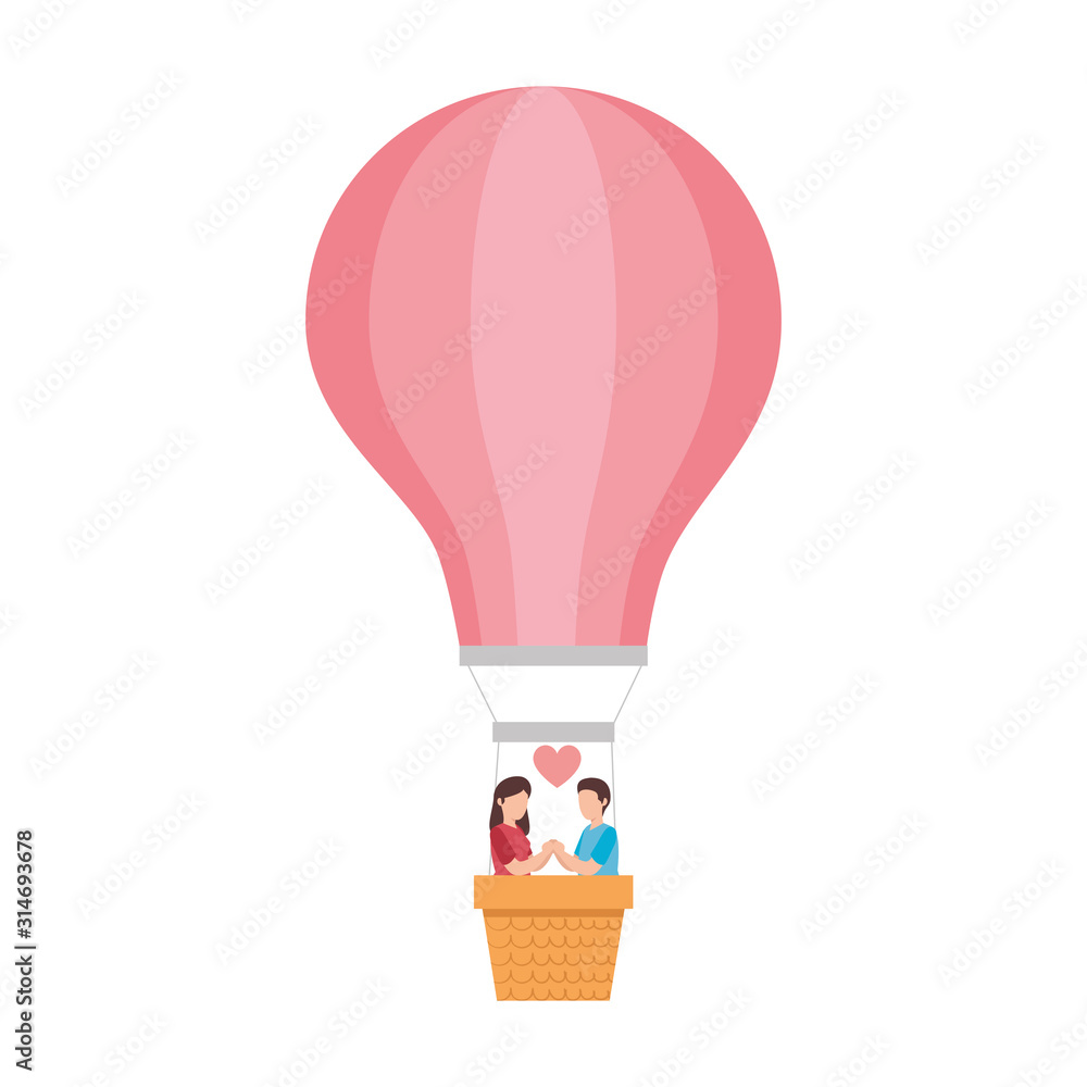 Poster couple in balloons air hot romantic travel vector illustration design