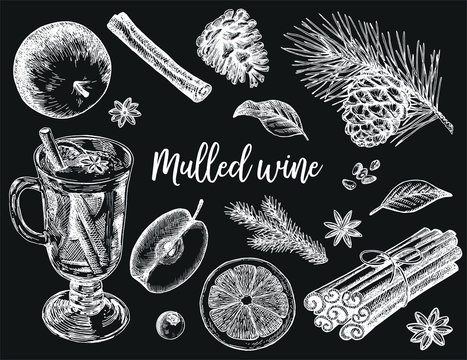 Vector illustration of mulled wine. Hand drawn wineglass with seasoning and fruits on black background.
