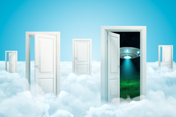 3d rendering of white clouds with open doorways and silver metal UFO behind a doorway on blue background