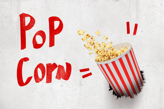 3d rendering of concrete wall with title 'Pop Corn' and pop corn bucket that has broken hole in the wall.