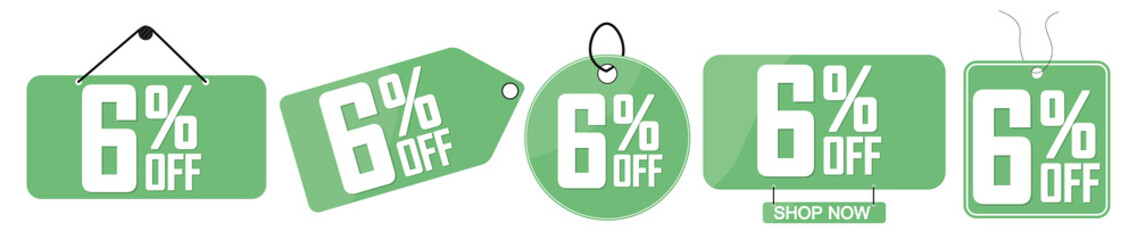 Set Sale 6% off banners, discount tags design template, extra promo, app icons, vector illustration