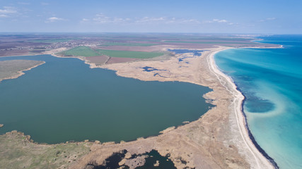 The Wild Bulgaria. Aerial wiev of Durankulak Lake and Black sea coast. Northeastern Bulgaria. There is more than 260 species of rare and endangered plants and animals.