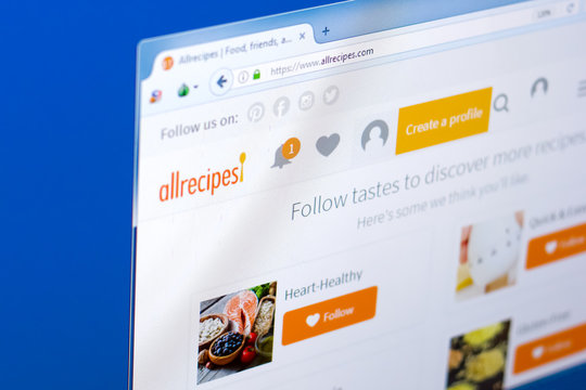 Ryazan, Russia - March 28, 2018 - Homepage of AllRecipes on the display of PC, web address - allrecipes.com.