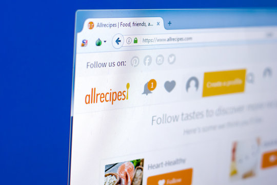 Ryazan, Russia - March 28, 2018 - Homepage of AllRecipes on the display of PC, web address - allrecipes.com.
