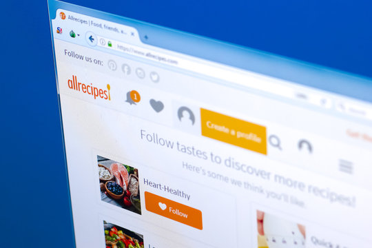 Ryazan, Russia - March 28, 2018 - Homepage of AllRecipes on the display of PC, web address - allrecipes.com.