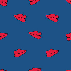 Lips. Seamless pattern. Air kiss. Idea for fabric, Wallpaper, cover, case. Vector. Isolated blue background. Illustration for Valentine day. Festive print. Endless ornament. Love print. Makeup.