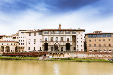Fototapeta na wymiar Florence, Tuscany Italy. Cityscape with buildings of the Gallery Uffizi on the Arno river shore.