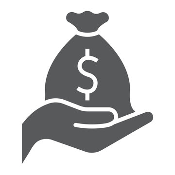 Investment glyph icon, business and finance, money bag on hand sign, vector graphics, a solid pattern on a white background, eps 10.