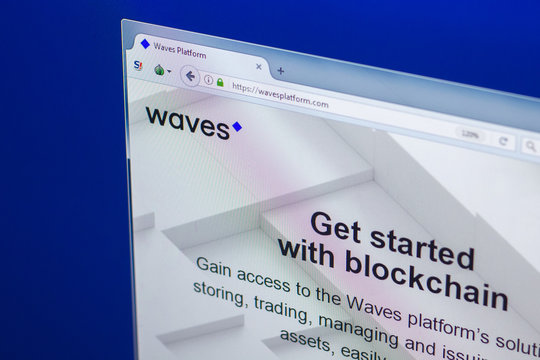 Ryazan, Russia - March 29, 2018 - Homepage of Waves crypto currency on the PC display, web address - wavesplatform.com.