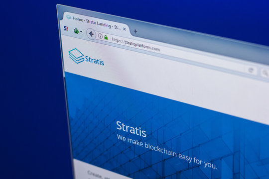 Ryazan, Russia - March 29, 2018 - Homepage of Stratis crypto currency on PC display, web address - stratisplatform.com.