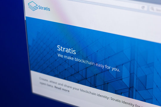 Ryazan, Russia - March 29, 2018 - Homepage of Stratis crypto currency on PC display, web address - stratisplatform.com.