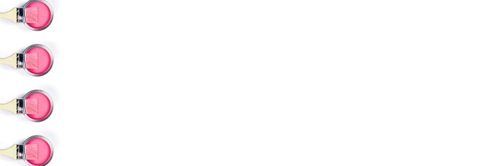 Obraz premium Repair web banner. Isolated white background with four pain cans located in left corner. Flat lay, top view, copy space.