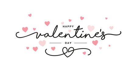 Valentines Day black handwritten typography with pink hearts isolated white background - obrazy, fototapety, plakaty