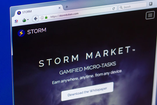 Ryazan, Russia - March 29, 2018 - Homepage of Storm crypto currency on the display of PC, web address - stormtoken.com.