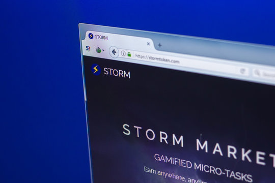 Ryazan, Russia - March 29, 2018 - Homepage of Storm crypto currency on the display of PC, web address - stormtoken.com.