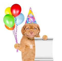 Smiling puppy wearing a party hat holds balloons and shows empty list. isolated on white background
