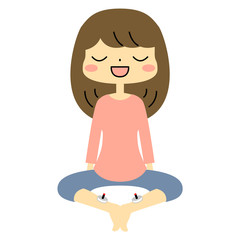 あぐらをかいて座り、お灸をする女性(ズボン着用)(絵本風)