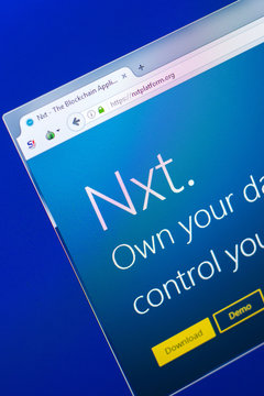 Ryazan, Russia - March 29, 2018 - Homepage of NXT crypto currency on the display of PC.