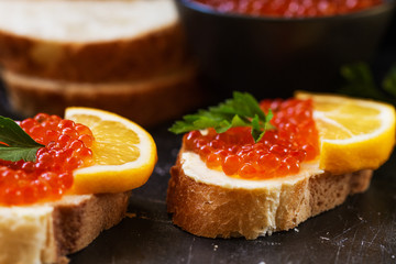 Red caviar sandwich with butter.