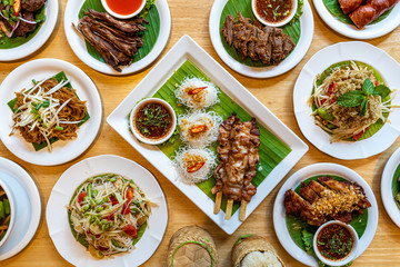 Vary of northeast Thailand(Isan) dish on the wood table