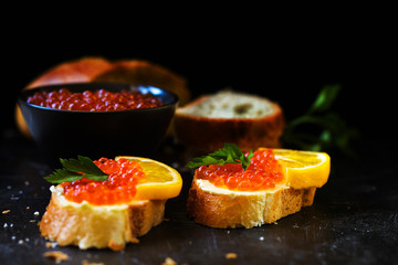 Red caviar sandwich with butter.