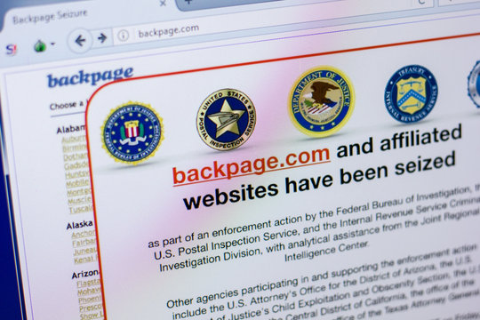 Ryazan, Russia - April 16, 2018 - Homepage of Backpage on the PC display, url - backpage.com.