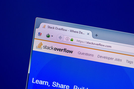 Ryazan, Russia - April 16, 2018 - Homepage of StackOverFlow website on the display of PC, url - stackoverflow.com.