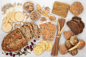 Healthy high fibre food with whole grain bread, crackers, pasta & seeds. High in antioxidants,...