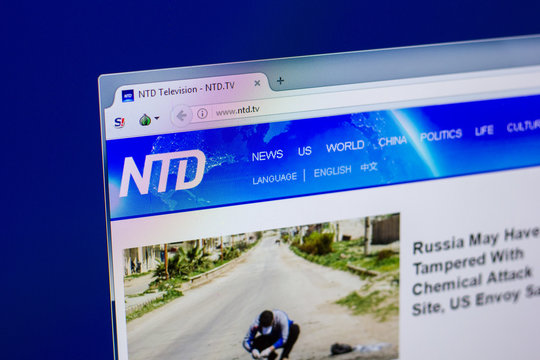 Ryazan, Russia - April 16, 2018 - Homepage of Ntd.tv website on the display of PC.